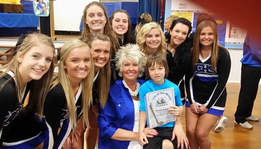 Debbie is pictured here with the  Unicoi County High School Cheerleaders after addressing the students at Unicoi Elementary and presenting the Unicoi Pirate of the Month Award!
